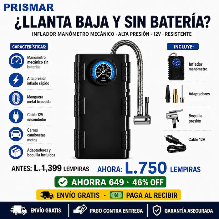🚗🔵 Bomba de Aire de Alta Presión con Manómetro Mecánico — Sin Baterías | Manguera Metálica | Para Camionetas y 4x4 💪🛞