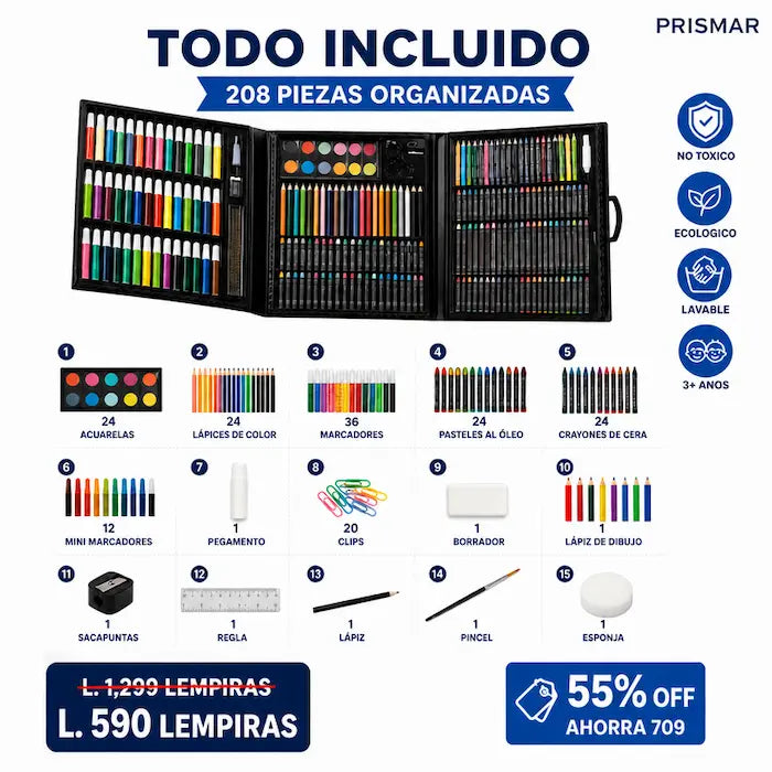 Set de Arte 208 Piezas para Niños — Lápices · Marcadores · Acuarelas · No Tóxico - imagen 2