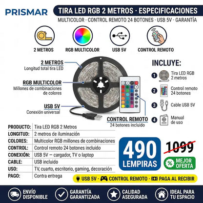 💡🌈 Tira LED RGB con Control Remoto — USB | 360° Multicolor | Para TV, Cuarto y Gaming ✨🎮