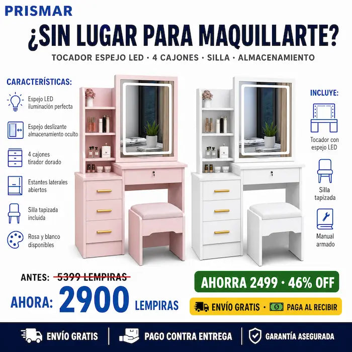 💄✨ Tocador Vanity con Luz LED y Espejo Deslizante — 3 Cajones Dorados | Silla Incluida | Rosa y Blanco 🪑🌸