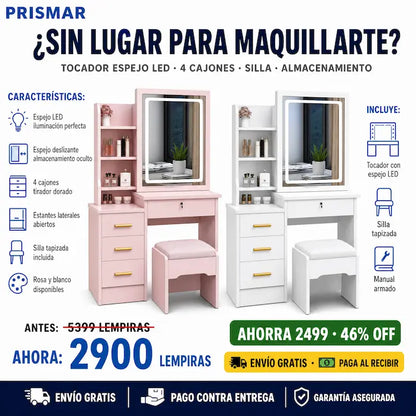 💄✨ Tocador Vanity con Luz LED y Espejo Deslizante — 3 Cajones Dorados | Silla Incluida | Rosa y Blanco 🪑🌸