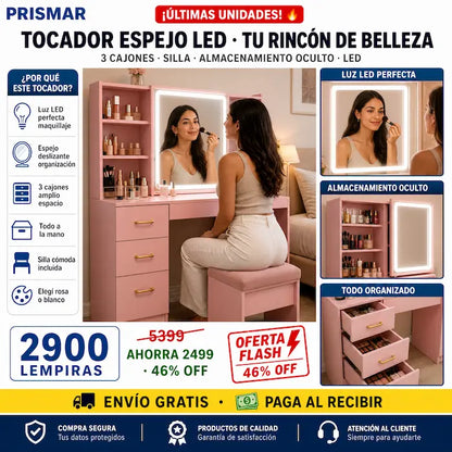 💄✨ Tocador Vanity con Luz LED y Espejo Deslizante — 3 Cajones Dorados | Silla Incluida | Rosa y Blanco 🪑🌸