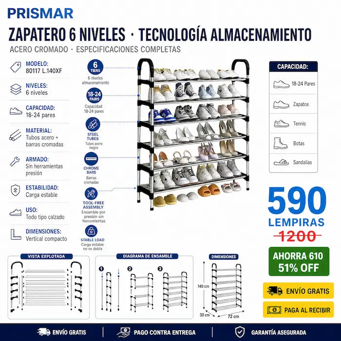 👟🏠 Zapatera Metálica 6 Niveles | Hasta 24 Pares • Armada en 15 Min • Sin Herramientas ⚡✅ - imagen 3
