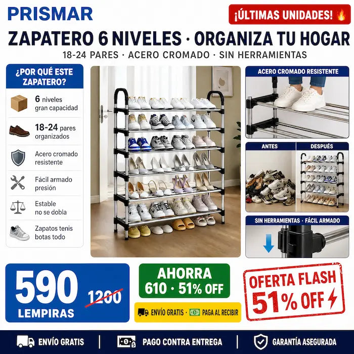 👟🏠 Zapatera Metálica 6 Niveles | Hasta 24 Pares • Armada en 15 Min • Sin Herramientas ⚡✅ - imagen 2