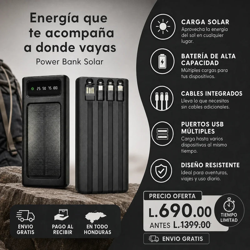 Power Bank Solar 20,000mAh — 4 Cables Integrados | Carga Rápida | Pantalla LED | Envío Gratis 🚀⚡ - imagen 2
