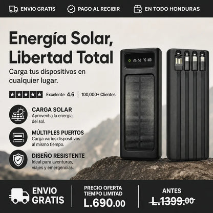 Power Bank Solar 20,000mAh — 4 Cables Integrados | Carga Rápida | Pantalla LED | Envío Gratis 🚀⚡