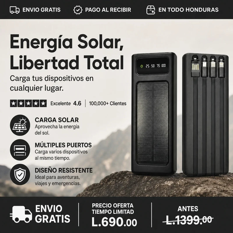 Power Bank Solar 20,000mAh — 4 Cables Integrados | Carga Rápida | Pantalla LED | Envío Gratis 🚀⚡ - imagen 3