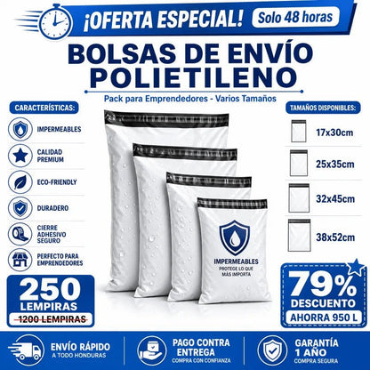 Bolsas de Envío de Polietileno VARIOS TAMAÑOS con Adhesivo – Pack para Emprendedores - Inversiones Alkosto