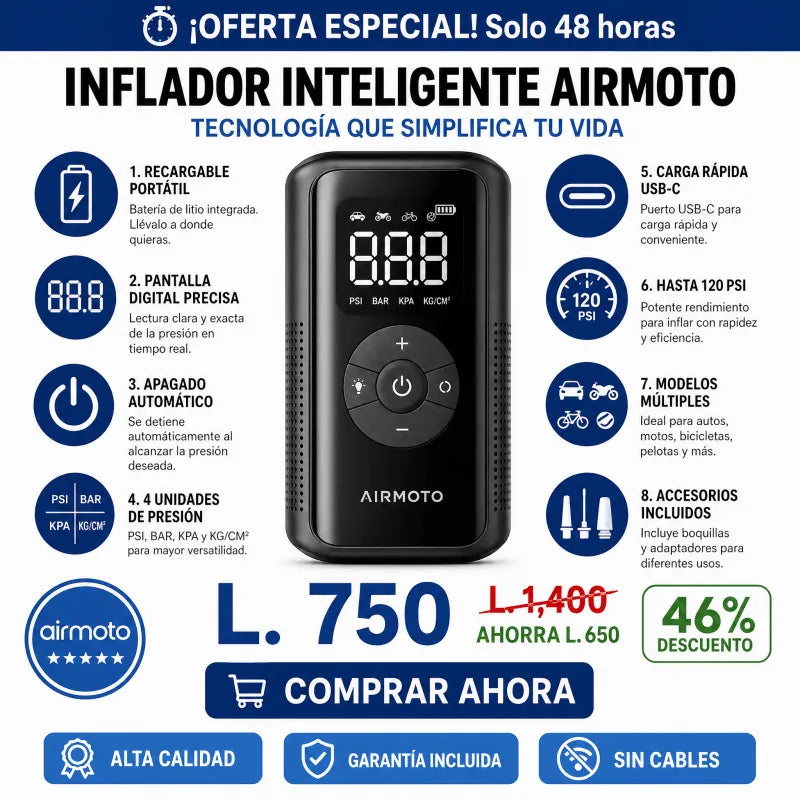 COMPRESOR INFLADOR MULTIUSOS PORTÁTIL RECARGABLE CON GARANTÍA Y CERTIFICACIÓN - Inversiones Alkosto