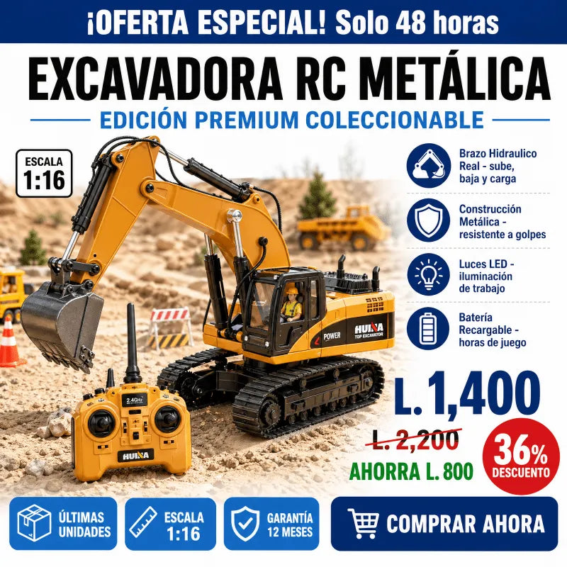 Excavadora RC Metálica con Pala, Luces y Batería Recargable Edición Premium Collecionable Con Garantia 12 meses incluida - Inversiones Alkosto