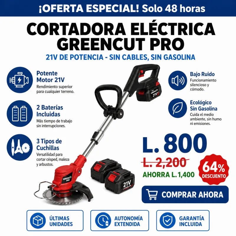 GreenCut Pro™ – Cortadora Eléctrica de Césped Inalámbrica Certificada +2 BATERIAS ALTA DURACIÓN 🛡️ Garantía Incluida · Seguridad Certificada - Inversiones Alkosto