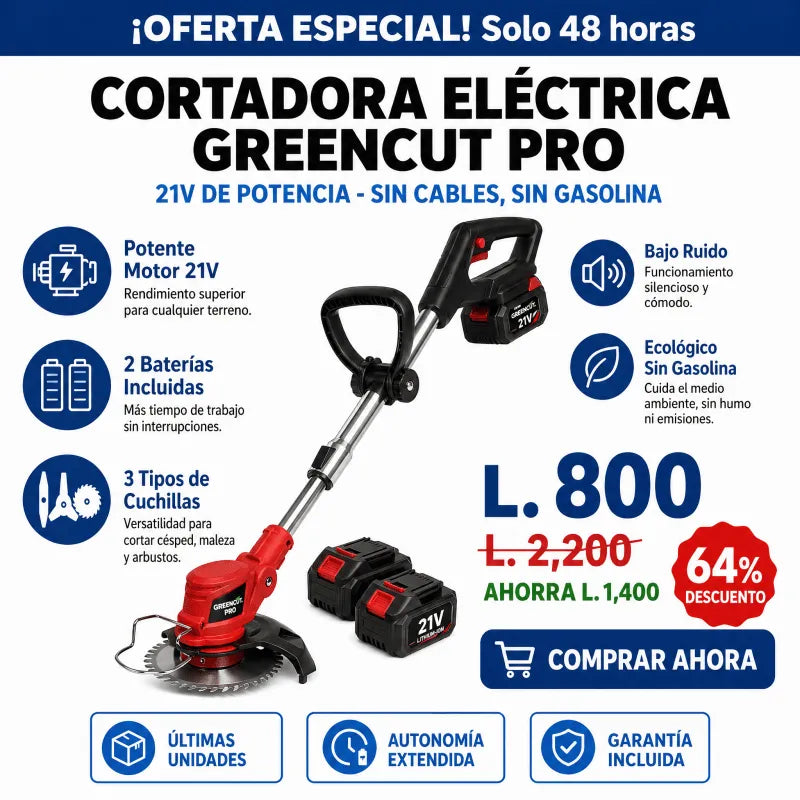 GreenCut Pro™ – Cortadora Eléctrica de Césped Inalámbrica Certificada +2 BATERIAS ALTA DURACIÓN 🛡️ Garantía Incluida · Seguridad Certificada - Inversiones Alkosto